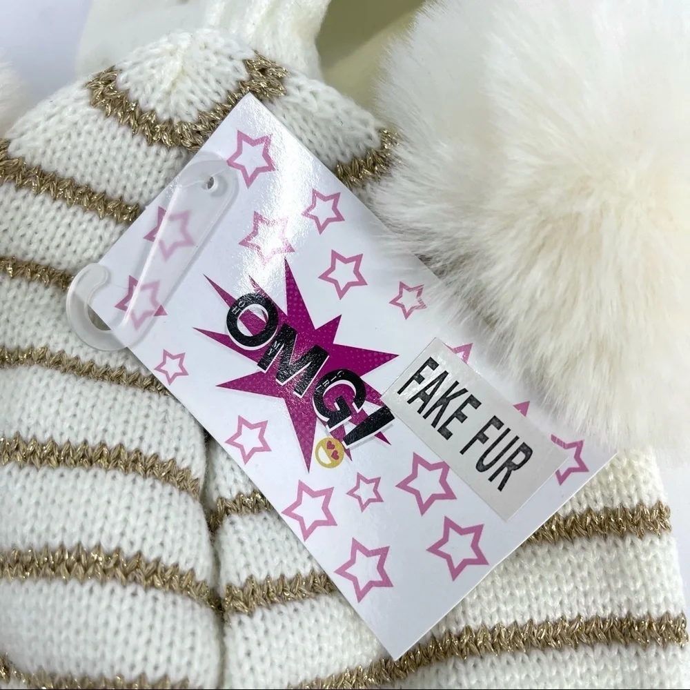 OMG Pom Pom beanie stiped faux fur with gloves
